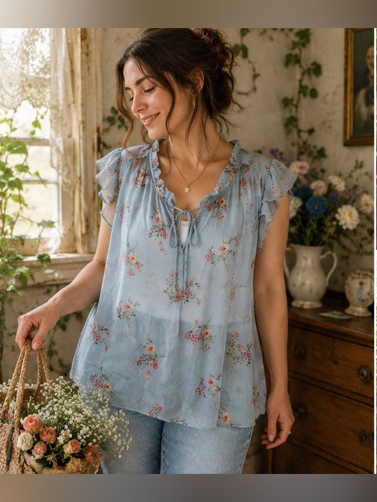 Sweet Rain Tops - Sweet Rain Blue Floral Semi Sheer Flutter Sleeve Boho Blouse Tunic Top Size 2X